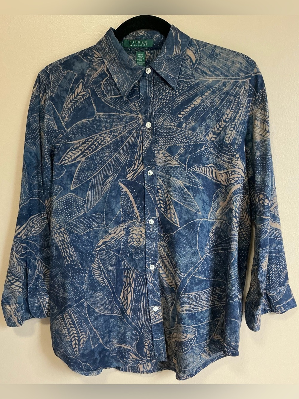 Lauren Ralph Lauren Navy Blue and Beige Leaf-Print Button-Down Shirt